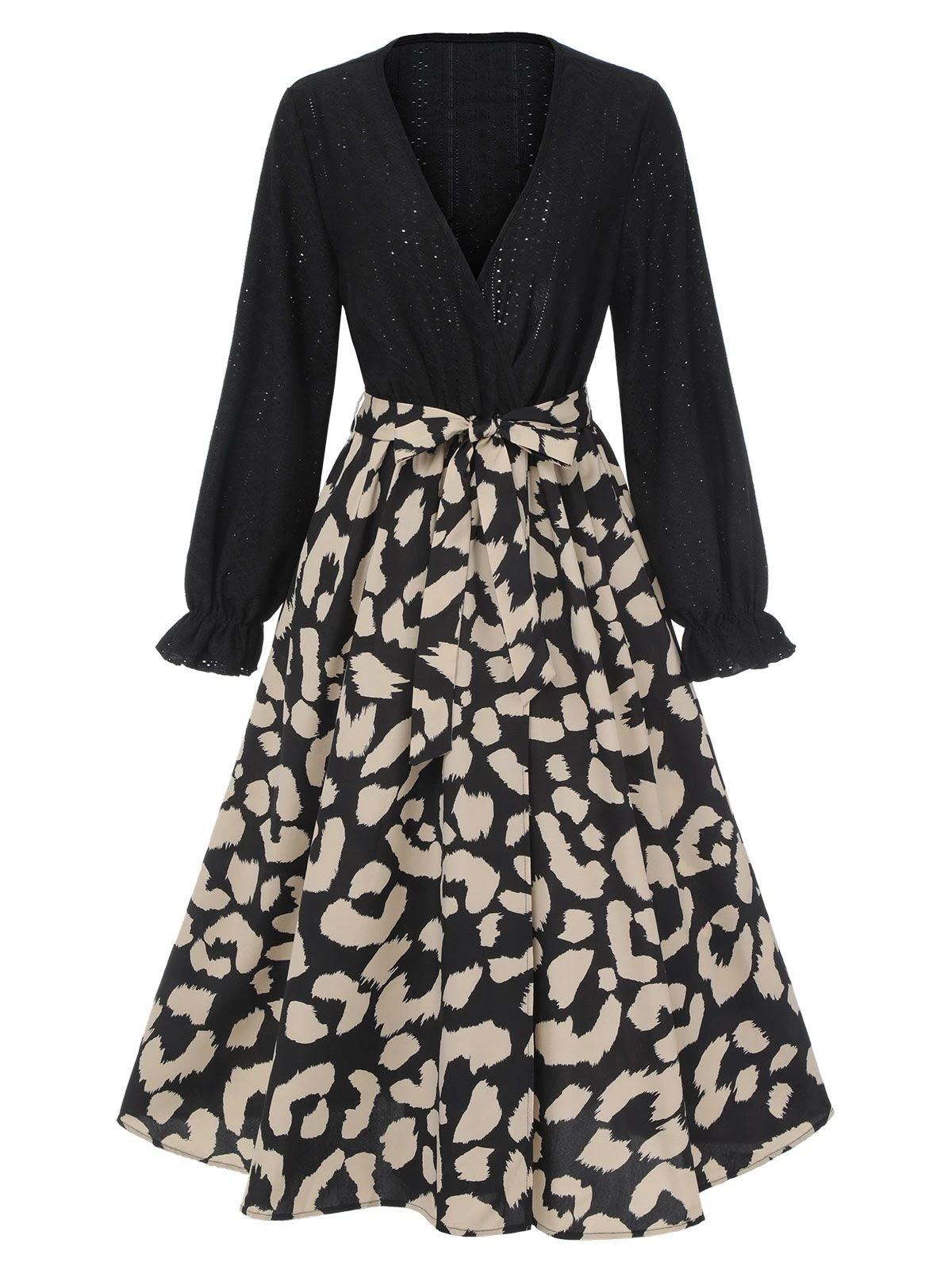 Black 1950s Leopard V-Neck Patchwork Dress 4 Black 1950s Leopard V-Neck Patchwork Dress - Image 2