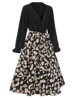 Black 1950s Leopard V-Neck Patchwork Dress 11 Black 1950s Leopard V-Neck Patchwork Dress -Retro Pulse Shop SCHL003551 2