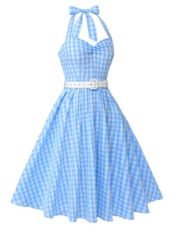 Light Blue 1950s Plaid Halter Swing Dress -Retro Pulse Shop SCHL003561 2