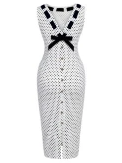 White 1960s Polka Dot Button Pencil Dress -Retro Pulse Shop SCHL003562 3