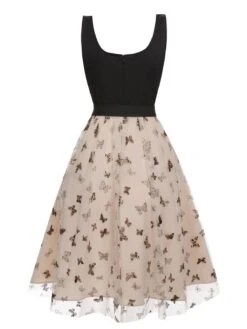 Beige 1950s Mesh Butterfly Strap Dress -Retro Pulse Shop SCHL003580 3