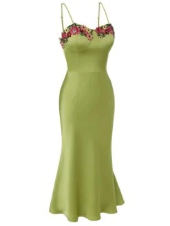 Green 1960s Spaghetti Strap 3D Floral Dress -Retro Pulse Shop SCHL003583 2 compressed