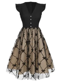 Black 1950s V-Neck Bow Mesh Dress -Retro Pulse Shop SCHL003584 1 compressed