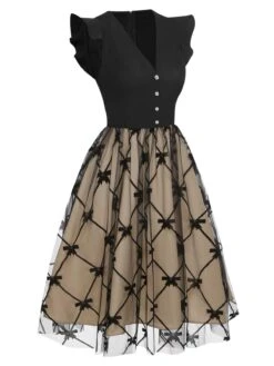 Black 1950s V-Neck Bow Mesh Dress -Retro Pulse Shop SCHL003584 2 compressed