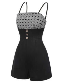 Black 1950s Bow Button Patchwork Strap Romper -Retro Pulse Shop SCHL003586 2