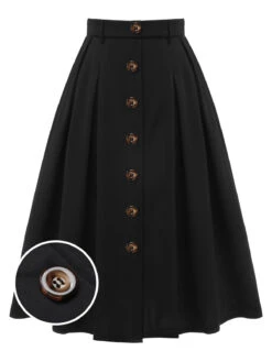 Black 1950s High-Waist Buttons A-Line Skirt