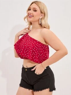 [Plus Size] Red 1930s Polka Dots One-Shoulder Ruffle Sleeves Tops -Retro Pulse Shop SCHL003628 R 1 5