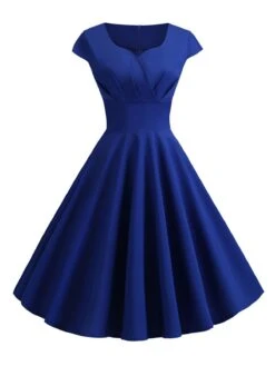 1950s Solid Heart Neck Short Sleeve Dress -Retro Pulse Shop SCHL003639 BL 1