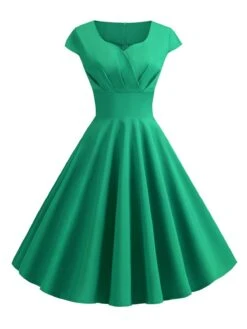 1950s Solid Heart Neck Short Sleeve Dress -Retro Pulse Shop SCHL003639 G 2