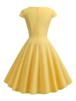 1950s Solid Heart Neck Short Sleeve Dress -Retro Pulse Shop SCHL003639 Y 3
