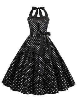 1950s Polka Dot Bow Tie Halter Swing Dress -Retro Pulse Shop SCHL003645 B 1