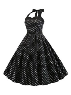 1950s Polka Dot Bow Tie Halter Swing Dress -Retro Pulse Shop SCHL003645 B 2