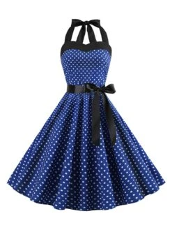 1950s Polka Dot Bow Tie Halter Swing Dress -Retro Pulse Shop SCHL003645 DBL 1
