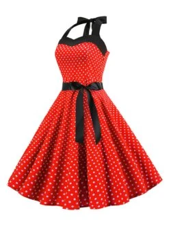 1950s Polka Dot Bow Tie Halter Swing Dress -Retro Pulse Shop SCHL003645 R 2