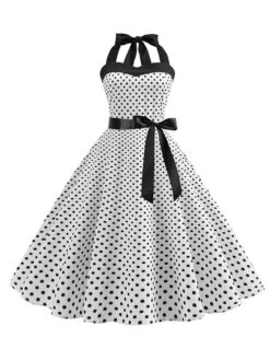 1950s Polka Dot Bow Tie Halter Swing Dress -Retro Pulse Shop SCHL003645 W 1