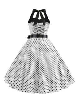 1950s Polka Dot Bow Tie Halter Swing Dress -Retro Pulse Shop SCHL003645 W 3