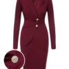 Purplish Red 1940s Solid Long Sleeved Lapel Dress