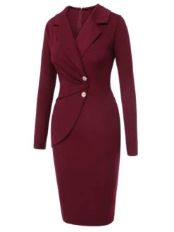 Purplish Red 1940s Solid Long Sleeved Lapel Dress -Retro Pulse Shop SCHL003652 2