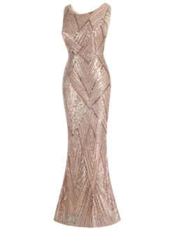 Rose Gold 1920s Geometric Sequined Fishtail Dress -Retro Pulse Shop SCHL003672 2