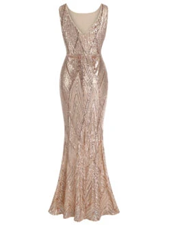 Rose Gold 1920s Geometric Sequined Fishtail Dress -Retro Pulse Shop SCHL003672 3