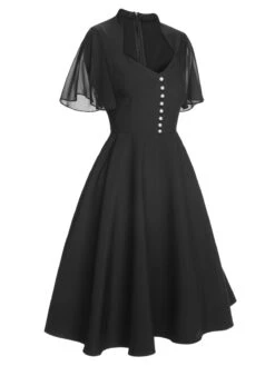 Black 1950s V-Neck Pearl Buttons Dress -Retro Pulse Shop SCHL003690 2