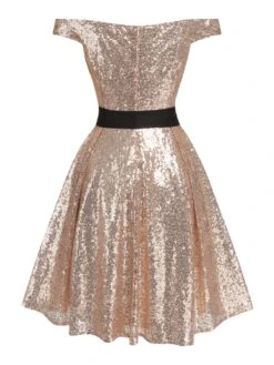 Champagne 1950s Sequined Off-shoulder Dress 12 Champagne 1950s Sequined Off-shoulder Dress -Retro Pulse Shop SCHL003706 3