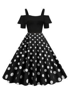 1950s Black Patchwork Polka Dot Strap Dress