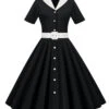 1950s Solid Contrast Lapel Belt Dress -Retro Pulse Shop SCHL003739 B 1