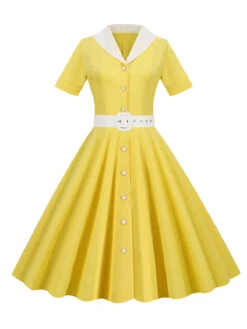 1950s Solid Contrast Lapel Belt Dress -Retro Pulse Shop SCHL003739 Y 1