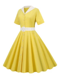 1950s Solid Contrast Lapel Belt Dress -Retro Pulse Shop SCHL003739 Y 2
