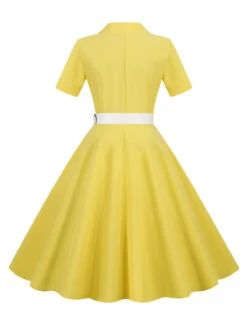 1950s Solid Contrast Lapel Belt Dress -Retro Pulse Shop SCHL003739 Y 3