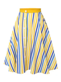 1950s Yellow White Blue Striped Button Skirt -Retro Pulse Shop SCHL003761 2