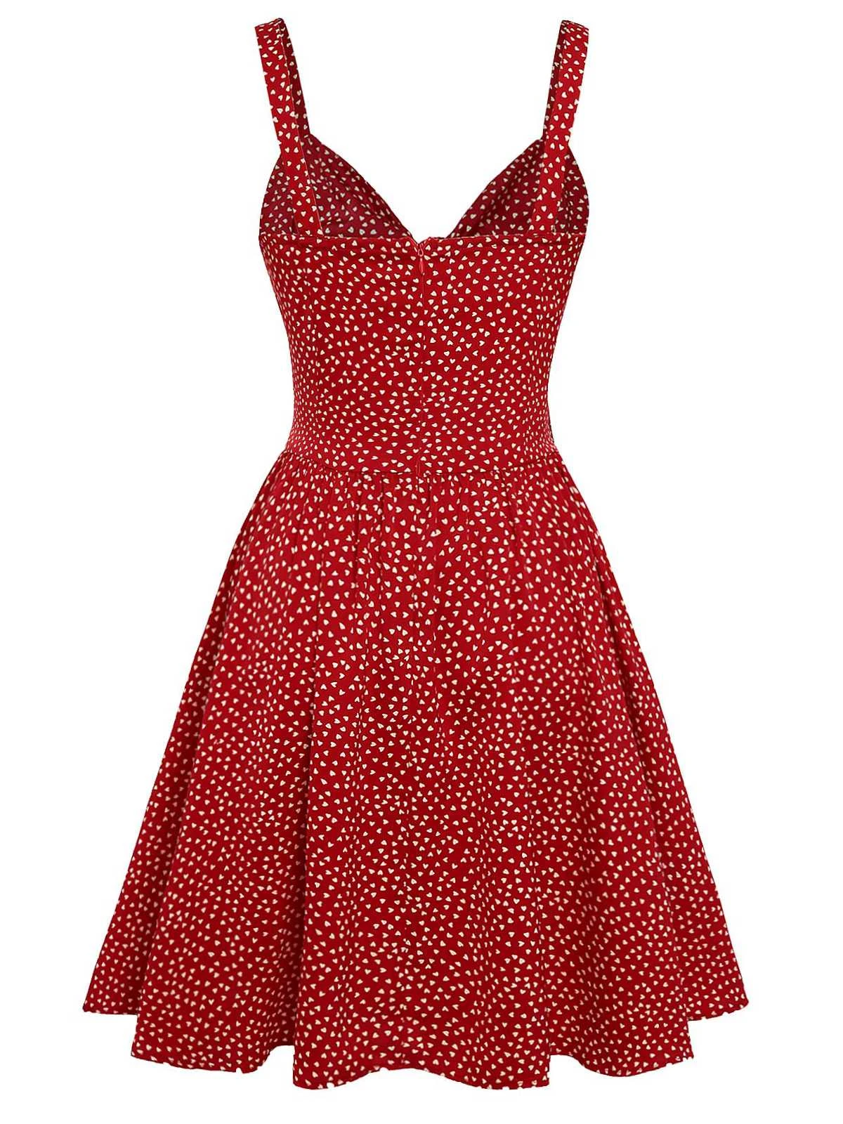 Red 1950s Spaghetti Strap Heart Print Dress 6 Red 1950s Spaghetti Strap Heart Print Dress - Image 4