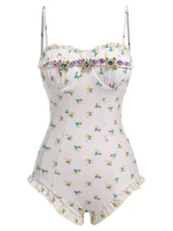 2PCS Beige 1950s Floral One-Piece Swimsuit & Skirt -Retro Pulse Shop SCHL003772 BE 01 2