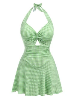 Light Green 1930s Plaid Halter One-Piece Swimsuit -Retro Pulse Shop SCHL003783 G 01 2