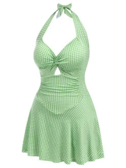 Light Green 1930s Plaid Halter One-Piece Swimsuit -Retro Pulse Shop SCHL003783 G 01 3