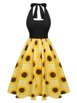 Yellow 1950s Sunflower Plaid Halter Dress -Retro Pulse Shop SCHL003786 1