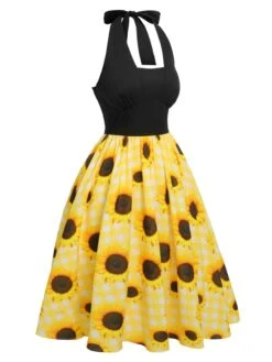 Yellow 1950s Sunflower Plaid Halter Dress -Retro Pulse Shop SCHL003786 2