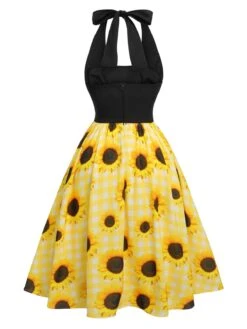Yellow 1950s Sunflower Plaid Halter Dress -Retro Pulse Shop SCHL003786 3