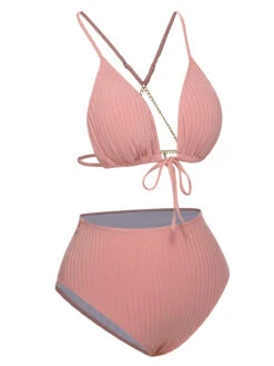 [Plus Size] Pink 1950s Solid Pleated Bikini Set -Retro Pulse Shop SCHL003793 2