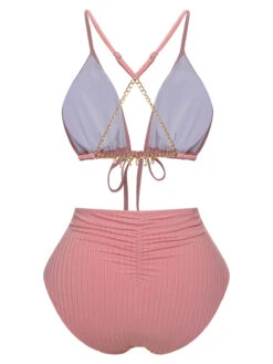 [Plus Size] Pink 1950s Solid Pleated Bikini Set -Retro Pulse Shop SCHL003793 3