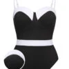 [Plus Size] Black & White 1950s Patchwork Strap Swimsuit -Retro Pulse Shop SCHL003794 01