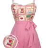 Pink 1950s Cartoon Pattern Spaghetti Strap Romper 2 Pink 1950s Cartoon Pattern Spaghetti Strap Romper -Retro Pulse Shop SCHL003814 01