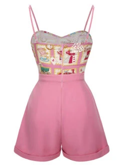 Pink 1950s Cartoon Pattern Spaghetti Strap Romper -Retro Pulse Shop SCHL003814 3