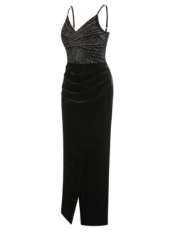Black 1960s Spaghetti Strap Velvet Beading Dress -Retro Pulse Shop SCHL003850 B 01 3 compressed