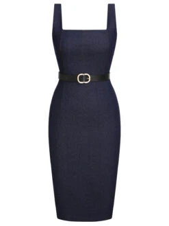 Blue 1960s Solid Square Neck Cowboy Dress -Retro Pulse Shop SCHL003852 BL 01 2