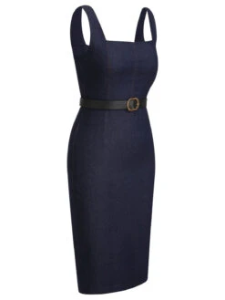 Blue 1960s Solid Square Neck Cowboy Dress -Retro Pulse Shop SCHL003852 BL 01 3