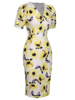 Multicolor 1960s Floral Sunflower V-Ausschnitt Dress -Retro Pulse Shop SCHL003853 MC 01 3