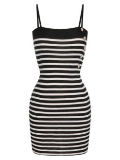 2PCS 1960s Black White Striped Knit Strap Dress & Cardigan -Retro Pulse Shop SCHL003855 B 1 4