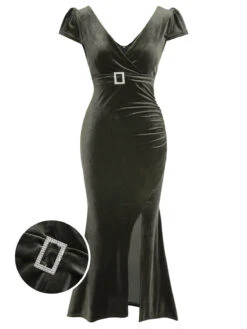 Green Gray 1930s Solid Velvet Slit Mermaid Dress